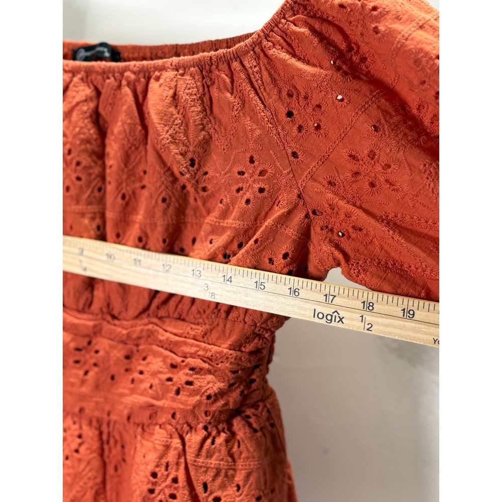 PRETTYGARDEN Women Burnt Orange Cotton‎ Eyelet Puff Sleeve Mini Dress Size M - Picture 6 of 6
